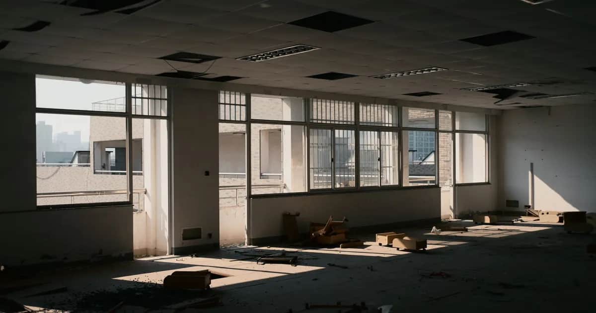 A stripped and abandoned office floor, cleared out and left with debris on the ground